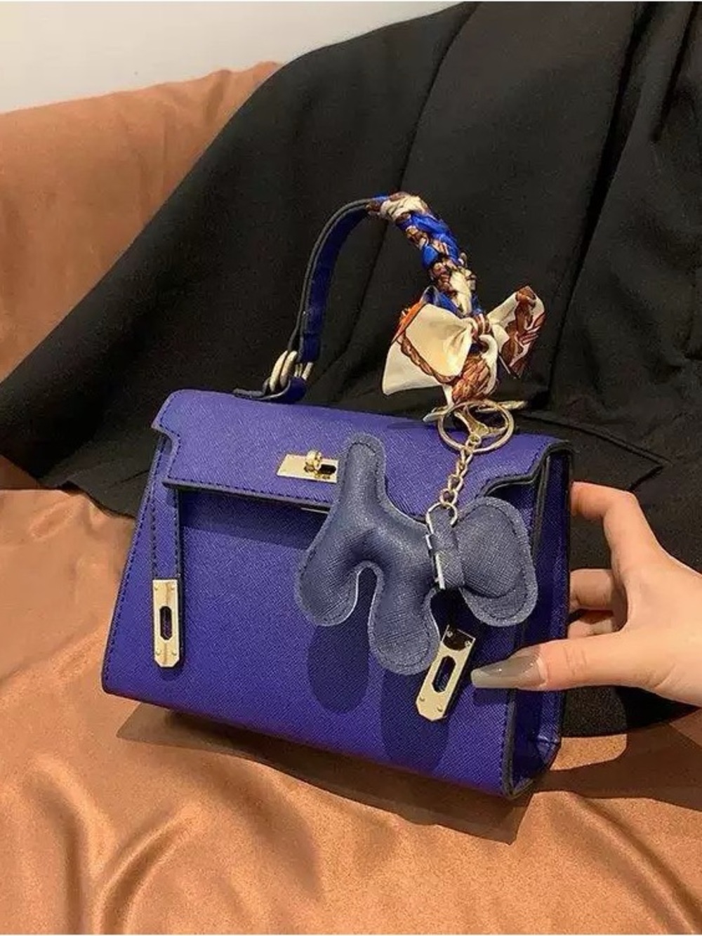 Elegant Blue Top-Handle Satchel with Scarf Accent - Picture 6 of 6
